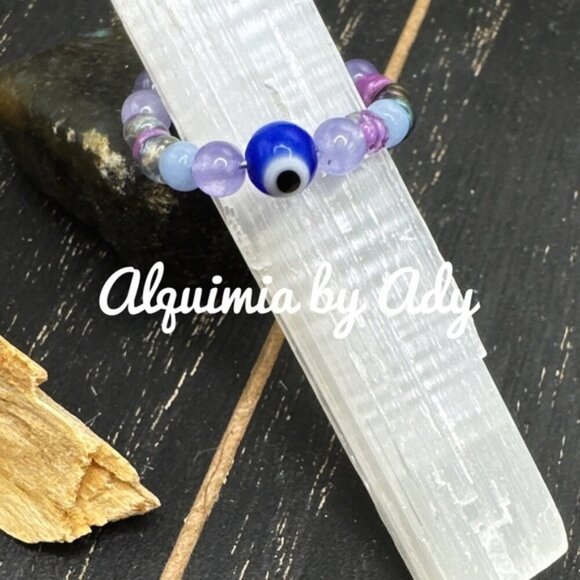 aquamarine and amethyst evils eye beaded ring - Picture 1 of 2